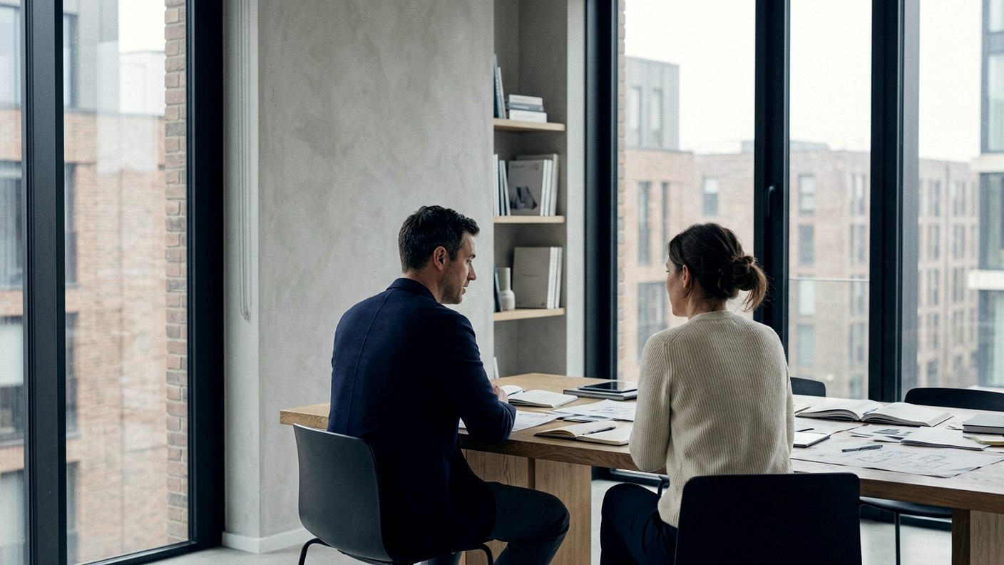 Two people in conversation across a long table beside tall windows, papers spread between them